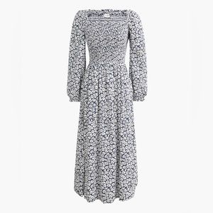 J. Crew XXS smocked maxi dress in navy, white and neon yellow daisy pattern.